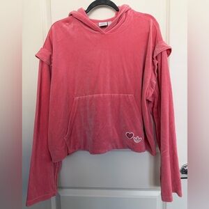 Adidas Pink Velour Ruffle Cropped Hoodie